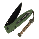 Grøn foldekniv med M-Tac Knife Lanyard Celtic i flettet paracord, stilfuldt tilbehør til lettere adgang og forbedret personlig stil.