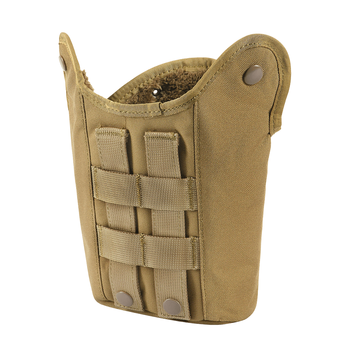 M-Tac Flaskeholder MOLLE i slidstærk polyester med drænhul og to-knap lukning, designet til udendørs brug og nem fastgørelse til udstyr.