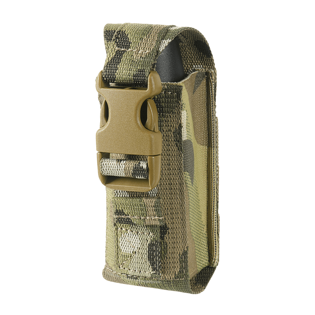 M-Tac Gasdåseholder Vertikal i camouflagedesign med Woojin-lås, ideel til MOLLE-systemmontering.