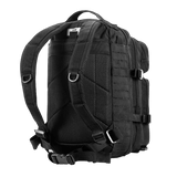 Sort M-Tac Assault Pack Laser Cut rygsæk set bagfra med justerbare skulderremme og MOLLE-system, ideel til byliv og korte vandreture.
