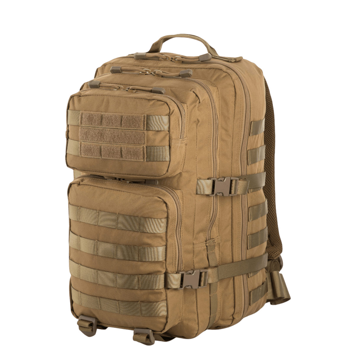 M-Tac Large Assault Pack Rygsæk med MOLLE-system, to store lommer, ekstra frontlommer og justerbare skulderremme i brun farve.