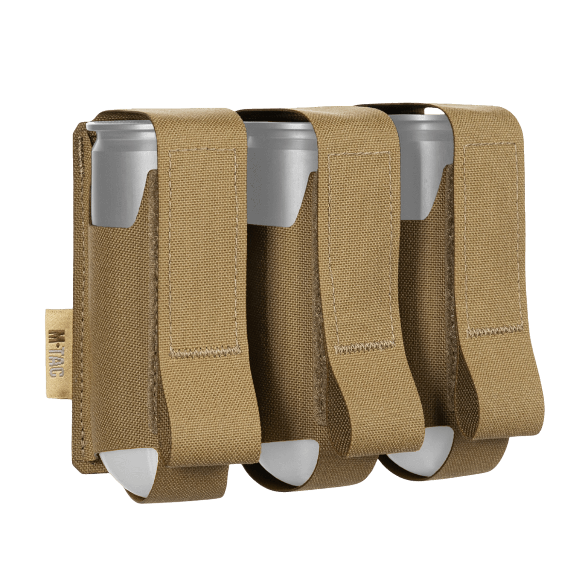 M-Tac Pouch til 3 VOG-Granater med MOLLE Laser Cut til opbevaring af VOG-25 granater, robust Cordura Squadron materiale, tan farve.