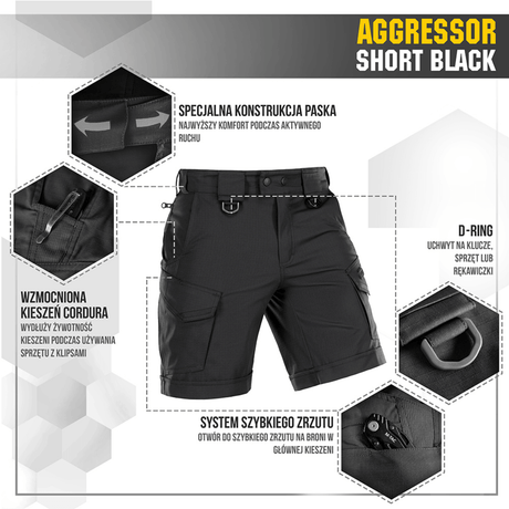 M-Tac Shorts Aggressor Short med taktiske funktioner i sort, ideel til aktiviteter, varme dage, med elastisk flex rip-stop materiale.