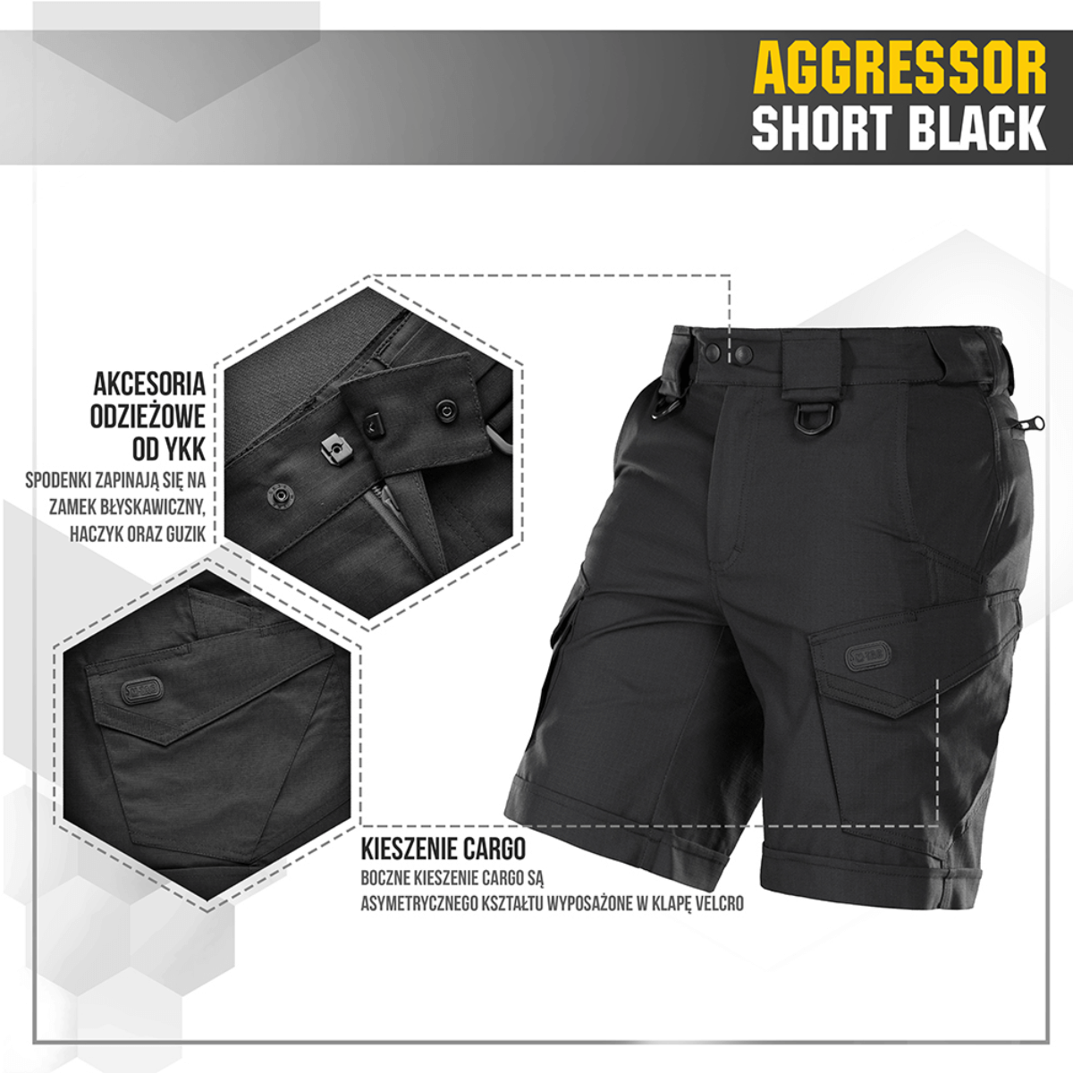 M-Tac Shorts Aggressor Short i sort med taktiske funktioner, ideel til varme dage, fremhævet med YKK lynlåse og D-ringe til udstyr.
