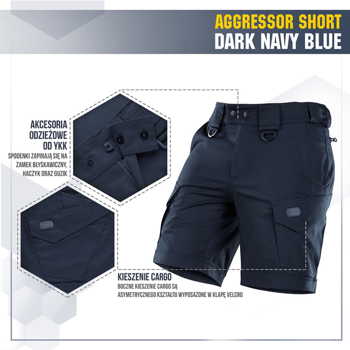 M-Tac Shorts Aggressor Short i mørk navy blå med taktiske funktioner og cargolommer, ideel til udendørs brug.