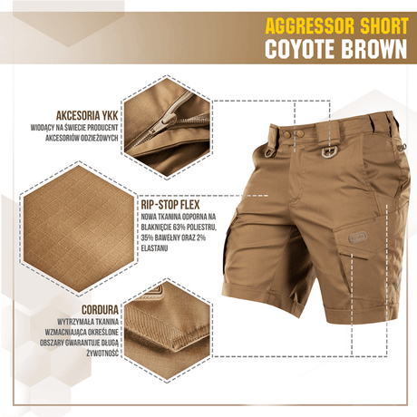M-Tac Shorts Aggressor Short i coyote brown med taktiske funktioner, herunder YKK lynlåse og rip-stop flex materiale.