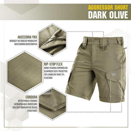 M-Tac Shorts Aggressor Short i farven Dark Olive med rip-stop flex stof til taktisk brug og YKK lynlåse, ideel til varme dage.