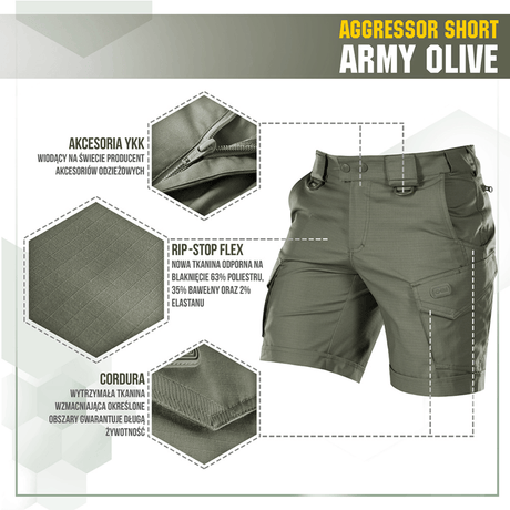 M-Tac Shorts Aggressor Short i Army Olive, lavet af elastisk polycotton rip-stop for komfort og bevægelsesfrihed, med YKK lynlåse.