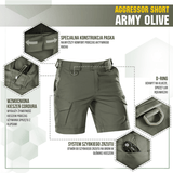 M-Tac Shorts Aggressor Short in army olive with tactical features, ideal for active use in warm weather, shown with detailed design elements.