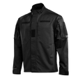 M-Tac Jakke Patrol Flex i sort med ståkrave og Velcro, designet til taktisk brug, synlige brystlommer og forstærkede skuldre.