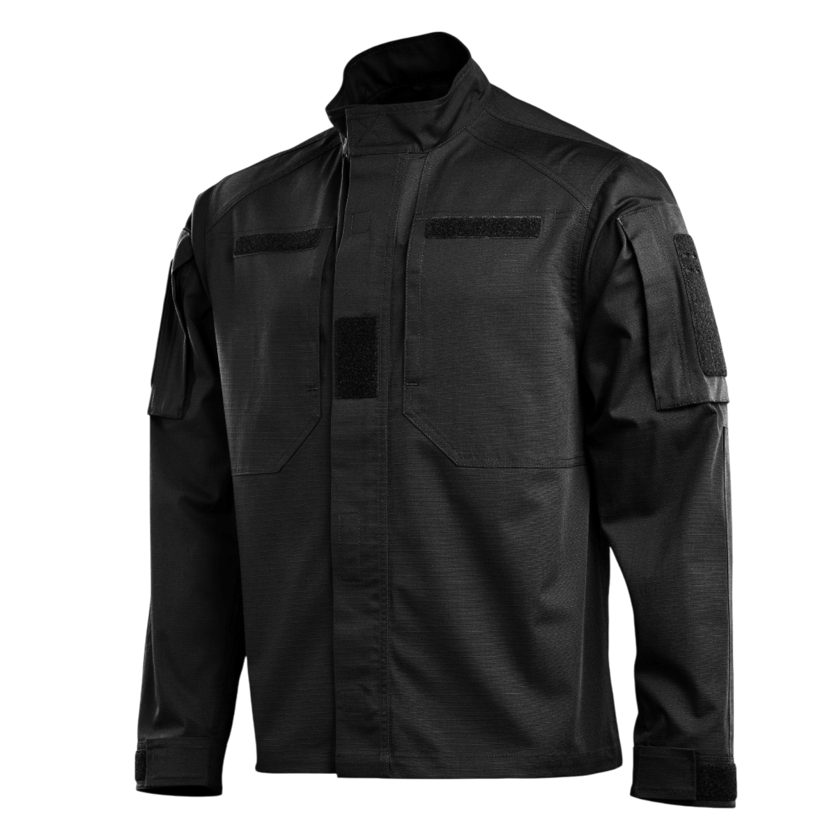 M-Tac Jakke Patrol Flex i sort med ståkrave og Velcro, designet til taktisk brug, synlige brystlommer og forstærkede skuldre.