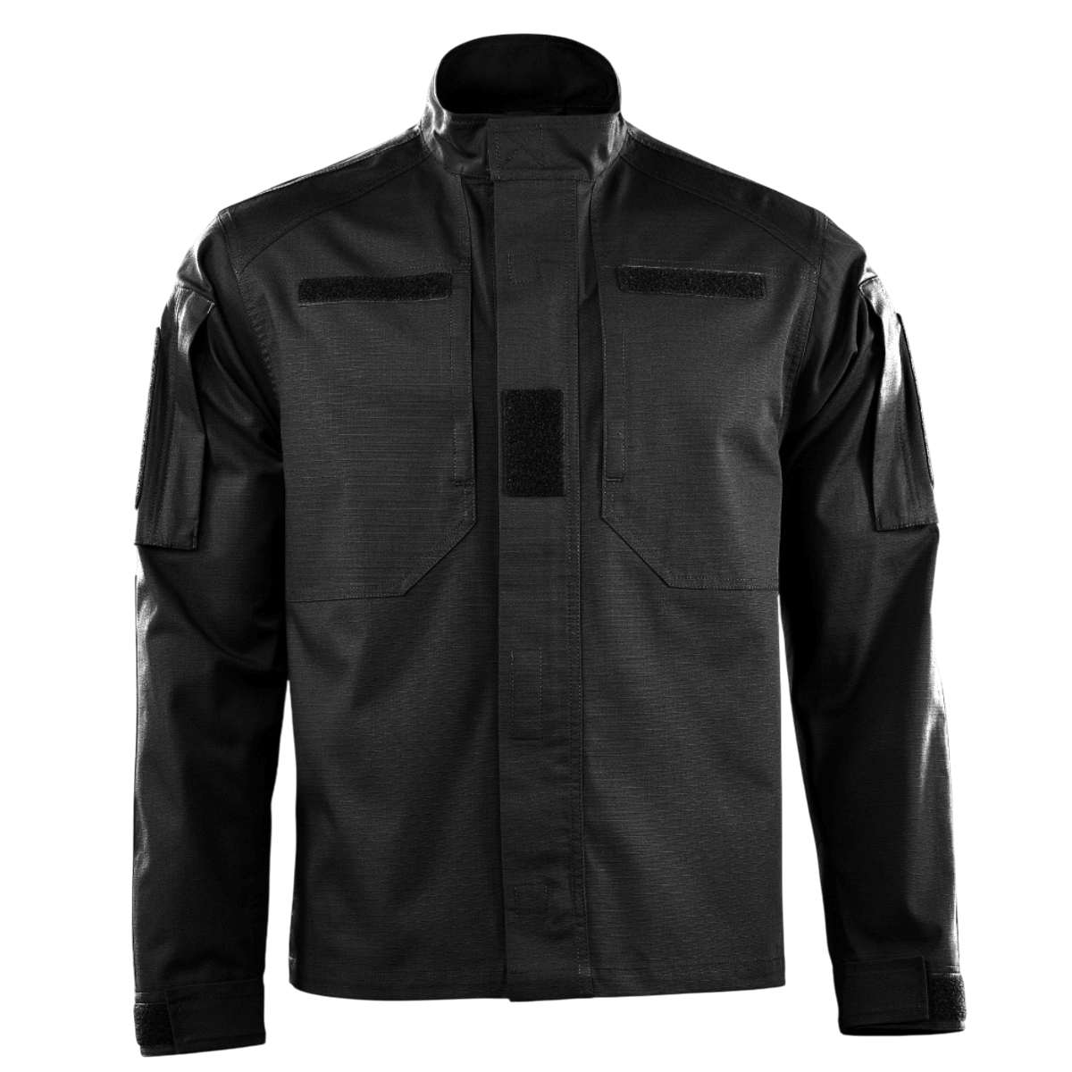 M-Tac Jakke Patrol Flex i sort med ståkrave, velcro-paneller og YKK fittings, designet til taktisk brug med skjulte lommer.