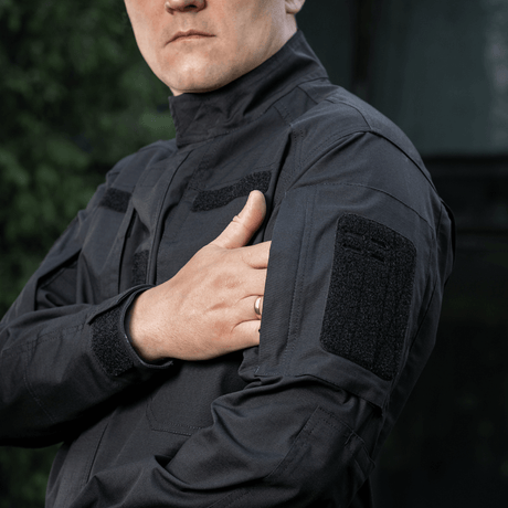M-Tac Jakke Patrol Flex med velcro-paneler til ID- og navn tags, perfekt til taktisk brug med ventilationsøjer og forstærket skulder.