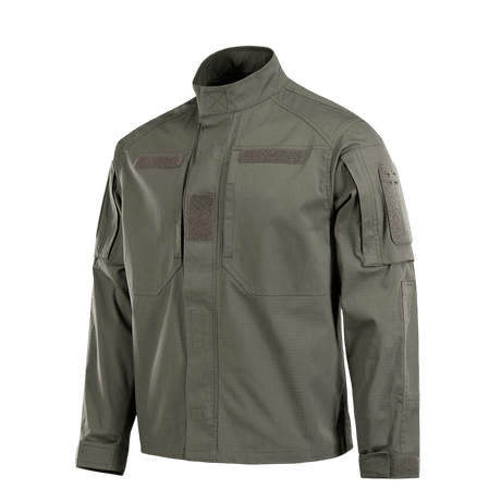 M-Tac Jakke Patrol Flex med Velcro, ståkrave, skjulte brystlommer og ventilationsøjer, designet til taktisk brug.