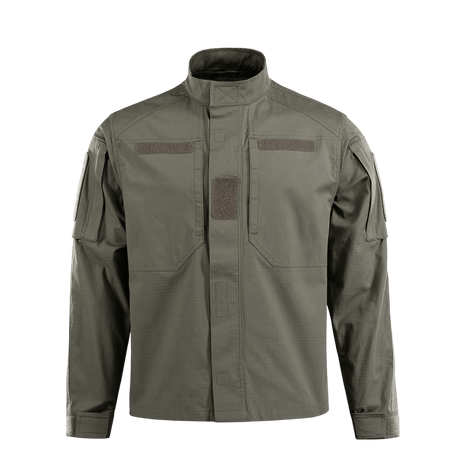 M-Tac Jakke Patrol Flex med velcro paneler og ståkrave, designet til taktisk brug, grøn farve, front view.