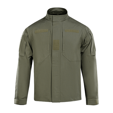 M-Tac Jakke Patrol Flex i olivengrøn med velcro- og YKK fittings, designet til taktisk brug, ståkrave og ventilationsøjer.