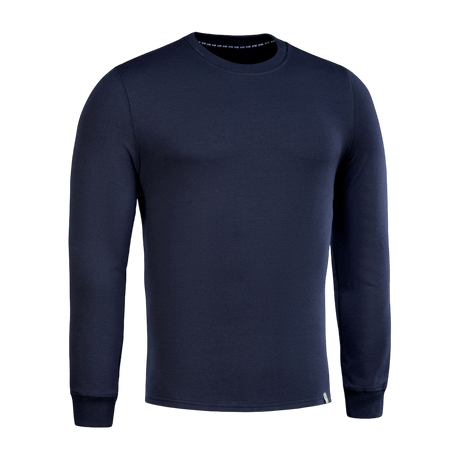 M-Tac Pullover 4 Seasons med rund hals i navy, lavet af 95% bomuld og 5% elastan, perfekt til daglig brug og taktiske aktiviteter.