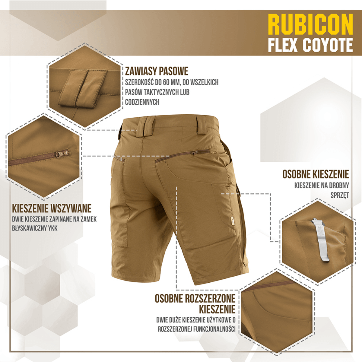M-Tac Shorts Rubicon Flex i Coyote farve med cargo lommedesign og YKK lynlåse, designet til sommerbrug og maksimal bevægelsesfrihed.