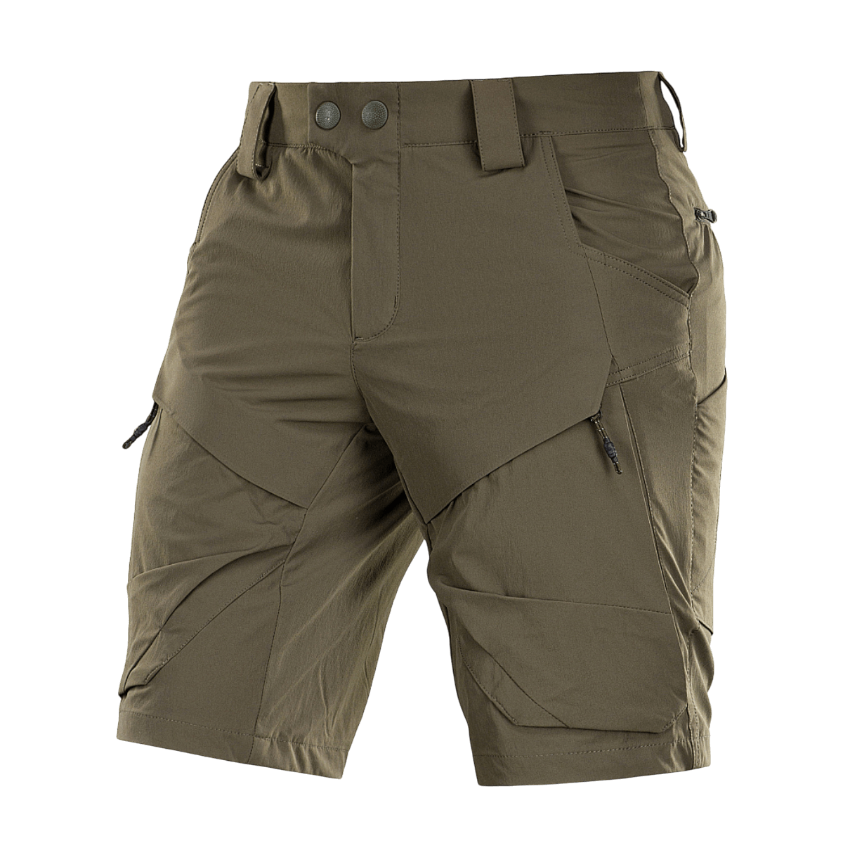 M-Tac Shorts Rubicon Flex mørke olivengrønne med cargolommer, lavet af 85% nylon og 15% spandex, med YKK lynlåse, vandafvisende.