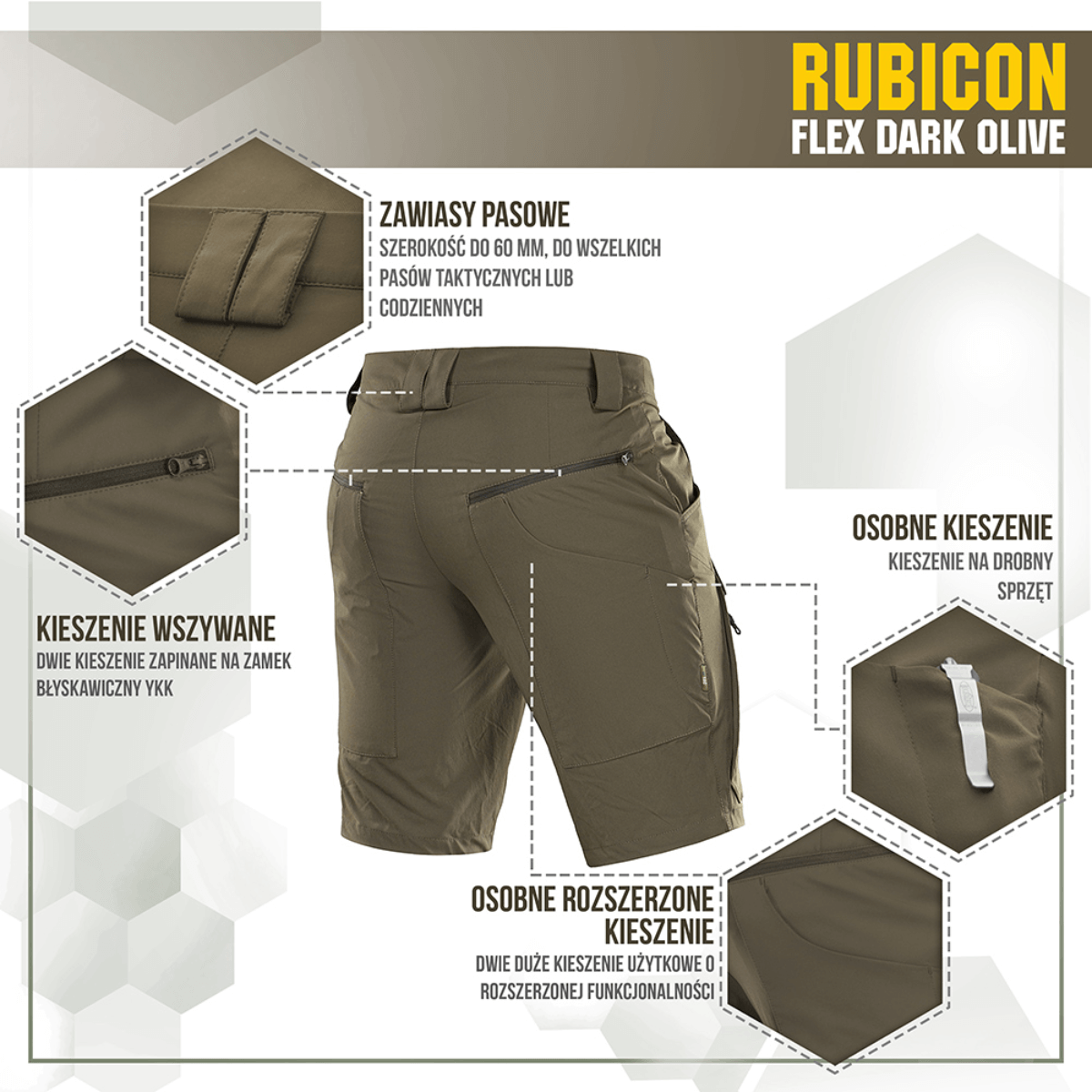 M-Tac Shorts Rubicon Flex Dark Olive med cargo-lommer og YKK lynlåse, designet til komfort og funktionalitet i sommervejr.