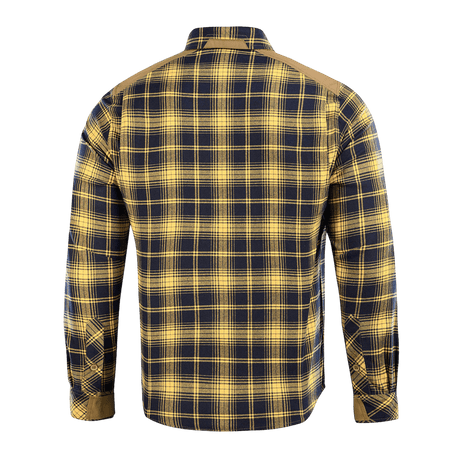 M-Tac Redneck Skjorte i Navy Blue/Yellow plaid, set bagfra med justerbare velcro-ærmer og forstærkede skuldre, taktisk og komfortabel.