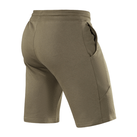 Bagside af M-Tac Shorts Casual Fit Cotton i olivengrøn, med elastik i taljen og sidelommer, fremstillet af 100% bomuld.