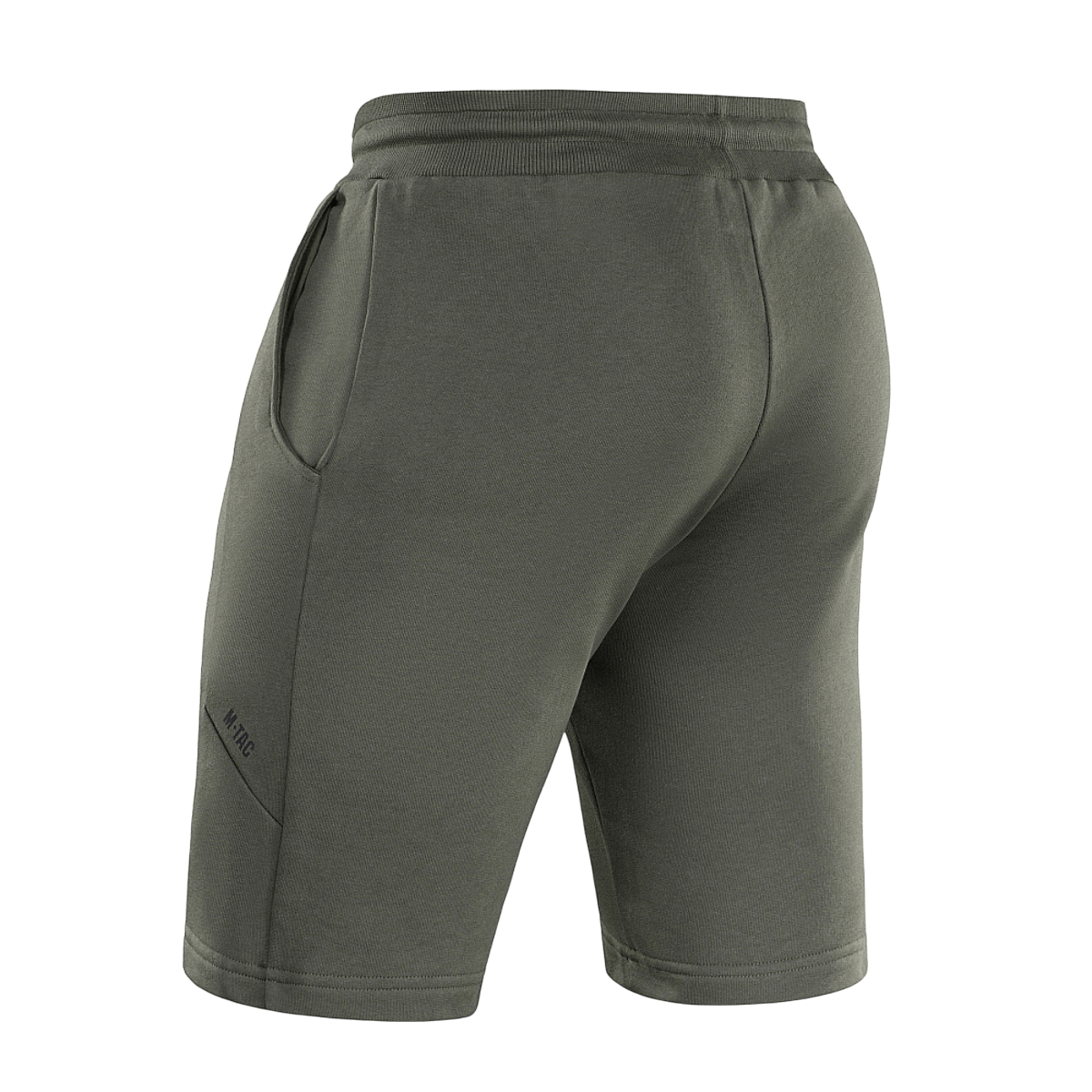 M-Tac Shorts Casual Fit Cotton i olivengrøn, set bagfra med elastik i taljen og sidelommer, ideel til sommer og aktiv brug.