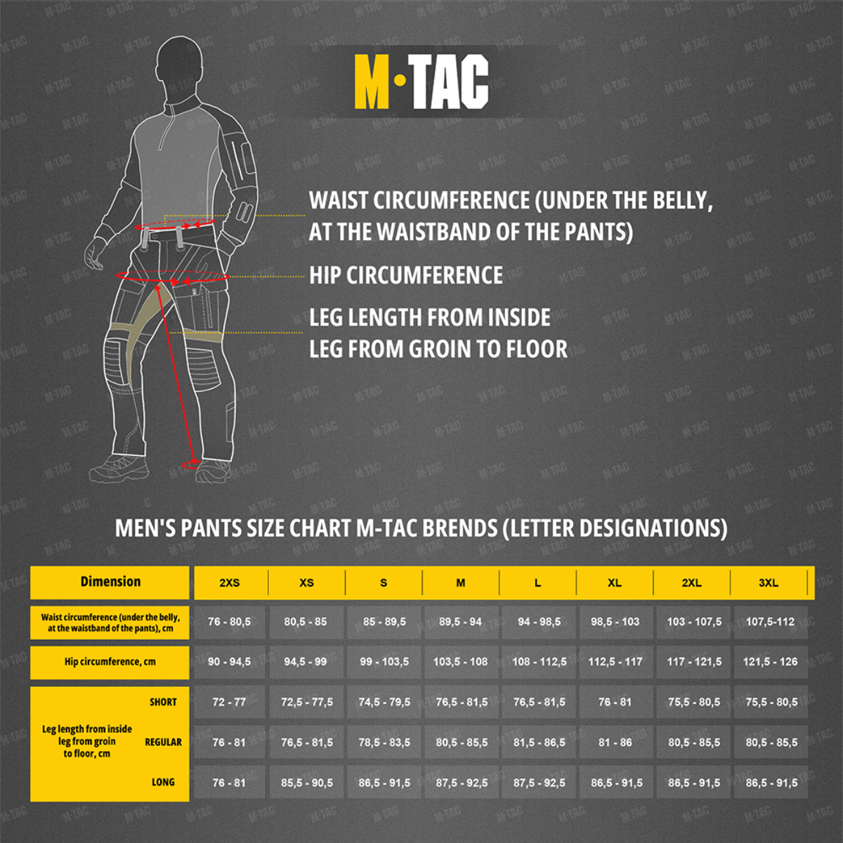M-Tac men's pants size chart with measurements guide for waist, hip, and leg length in various sizes.