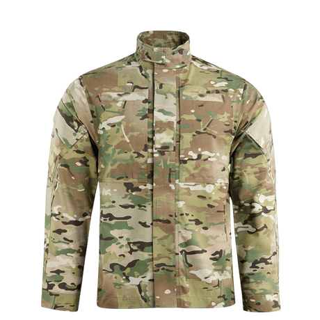 Camo jakke med høj hals og lynlås, designet til holdbarhed og komfort, fremstillet af NYCO stof. Perfekt til udendørs aktiviteter.