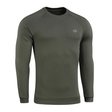 M-Tac Cotton Sweatshirt i olivenfarve med ribkanter, perfekt til aktiv sport som løb og fitness, lavet af 100% bomuld for komfort.