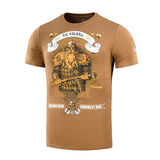 M-Tac T-shirt Viking med vikingemotiv og teksten 'Til Valhall'; designet til at fremhæve kampgejst; fremstillet af 93% bomuld, 7% polyester.