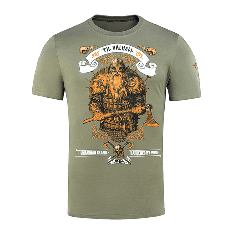 M-Tac T-shirt Viking med motiv af viking i kampudrustning, bærende økse og teksten 'Til Valhall' for kampgejst og værdier.