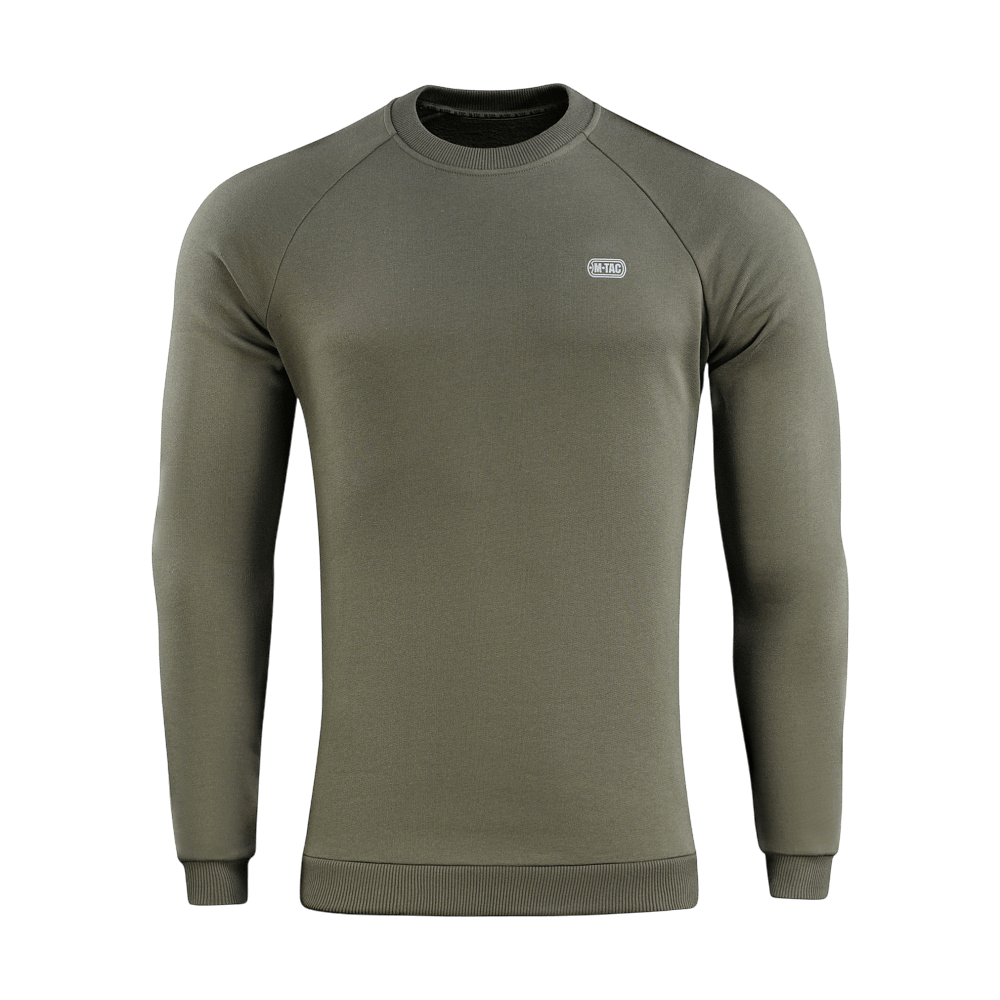 M-Tac Sweatshirt Cotton Hard i olivengrøn med ribkanter og reflekterende logo, 100% bomuld, komfortabel pasform.