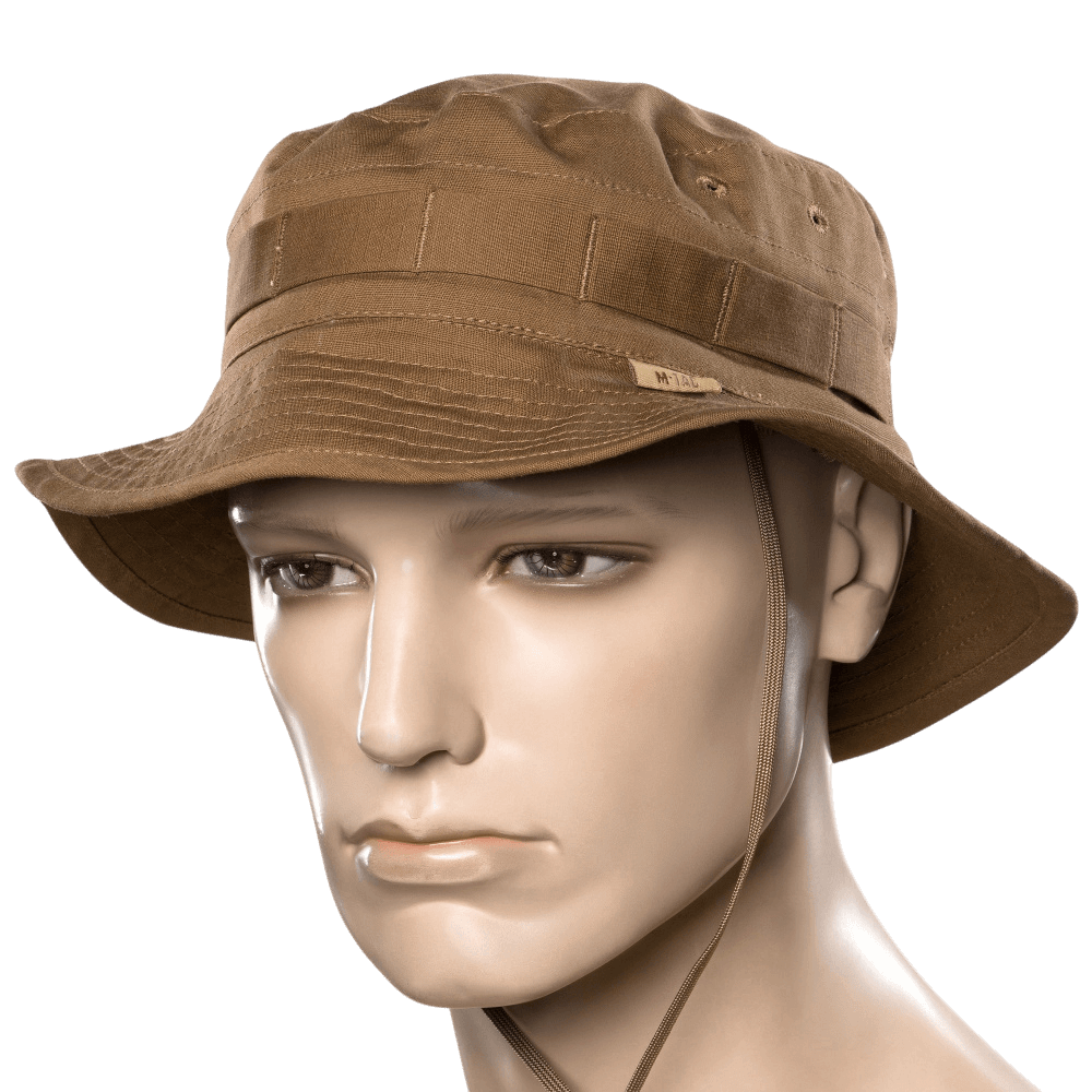 M-Tac Panama Rip-Stop hat shown on mannequin with stiff brim and ventilation holes, ideal for army-style use.