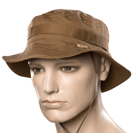 M-Tac Panama Rip-Stop hat shown on mannequin with stiff brim and ventilation holes, ideal for army-style use.
