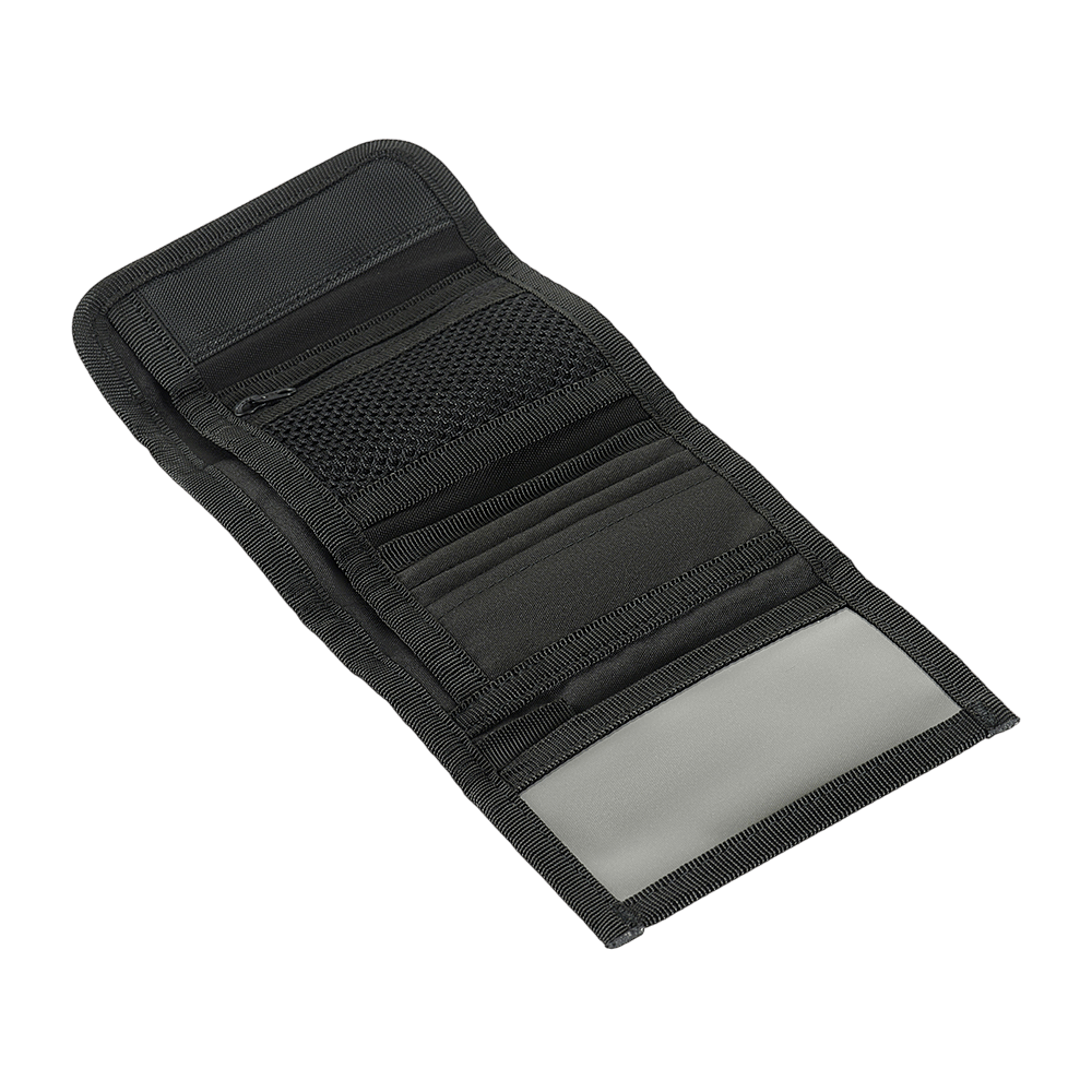 M-Tac Pung Elite Gen.II i sort Cordura 500D med YKK lynlåse, åbnet for at vise rum til kort, sedler og mønter