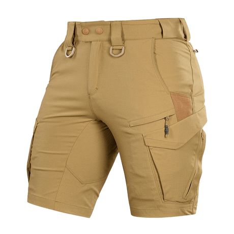 M-Tac Aggressor Summer Flex Shorts i beige Flex Rip-Stop stof med D-ringe og flere lommer til taktisk brug.