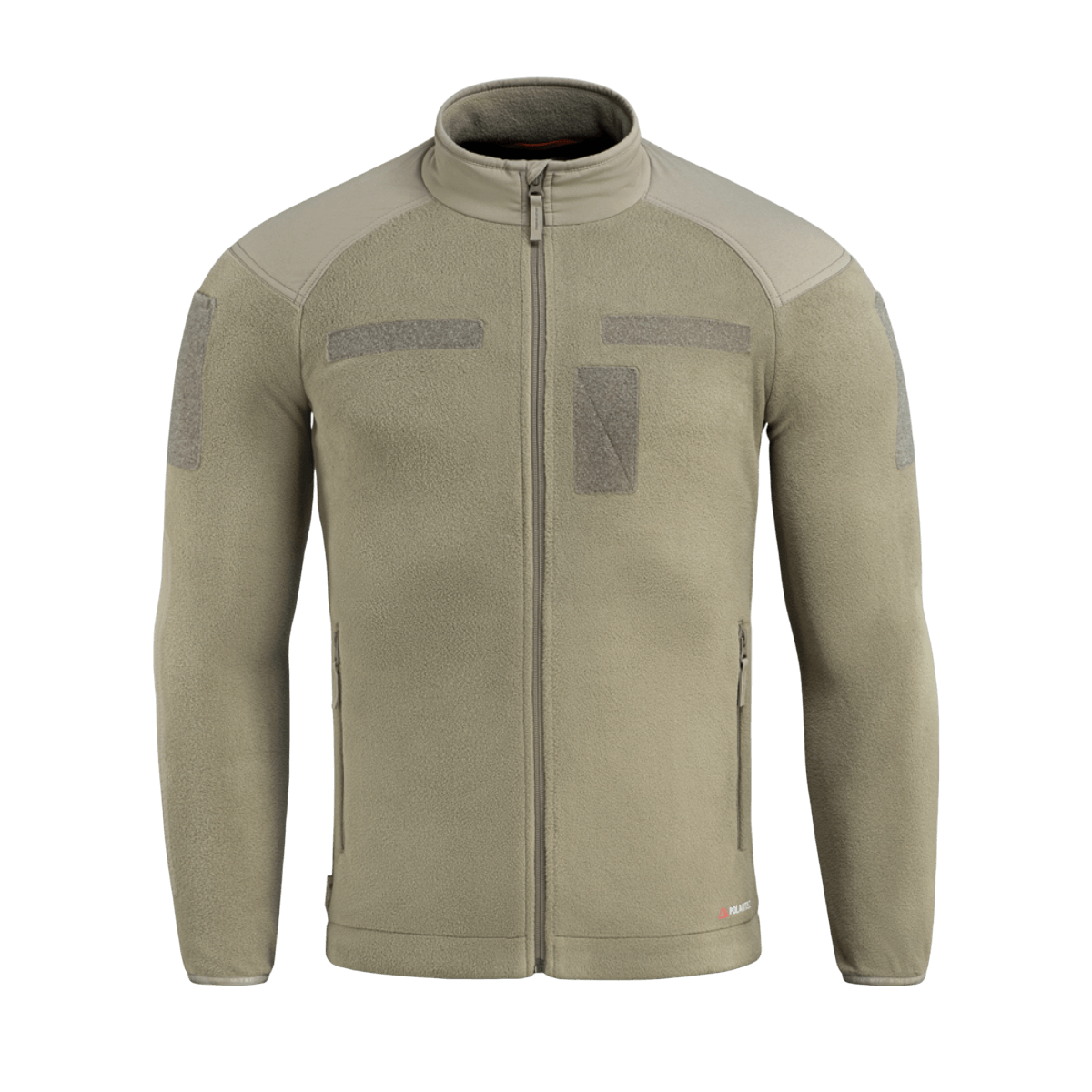 M-Tac Combat Fleece Polartec Jakke i beige med YKK lynlåse og velcro-paneler, perfekt til taktisk og casual brug.