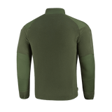 Bagside af M-Tac Combat Fleece Polartec Jakke i grøn, viser detals af fleece og stretch paneler, velegnet til taktisk brug.
