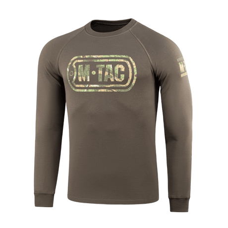 M-Tac Raglan Logo trøje med camouflageprint og slogan, lavet af 95% bomuld og 5% elastan for komfort og stil.