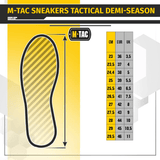 Størrelse guide for Tactical Sneakers Demi-Season – Let og komfortabel med skostørrelser i CM, EUR og UK. M-Tac mærkelogo med illustration af sko