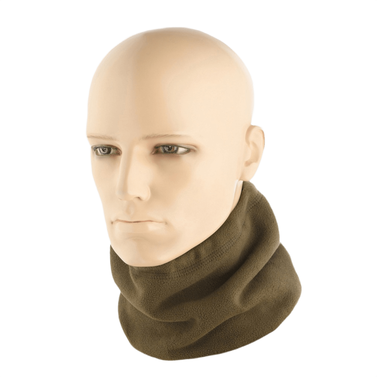 M-Tac Fleece Neck Gaiter med Snor i olivengrøn på mannequin, multifunktionelt tilbehør til koldt vejr i allergivenligt fleece materiale.