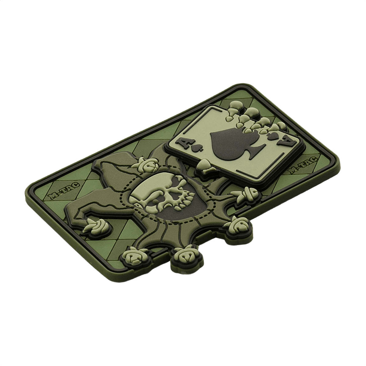 Taktisk M-Tac Patch Joker Skull 3D PVC i grønt med joker- og dødskortdesign, fremstillet af PVC med 3D-effekt, Velcro-bagside.