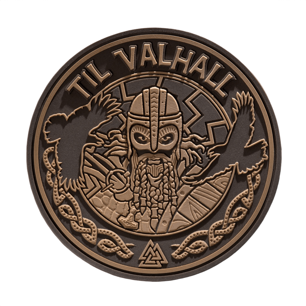 M-Tac Patch Til Valhall PVC med vikingedesign og ravne, perfekt til uniformer, tasker eller taktisk udstyr. Velcro-bagside, diameter 80 mm.