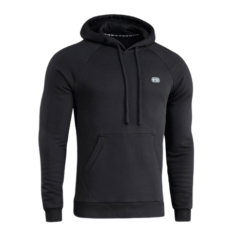 M-Tac Cotton Raglan Hard Hoodie i sort med kængurulomme og fleecefor, perfekt til efterår og vinter. Hætte og raglanærmer for komfort.