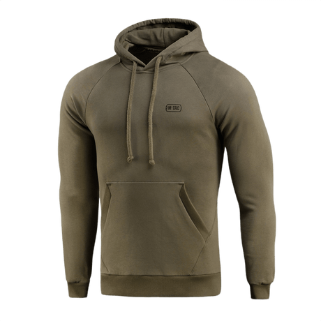 M-Tac Cotton Raglan Hard Hoodie i olivenfarve, 100% bomuld, fleecefor, raglanærmer, kængurulomme, egnet til efterår og vinter.