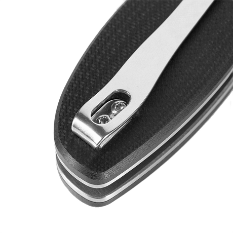 Detalje af M-Tac Outdoor & Militær foldekniv - Type 6 med sort G10-komposit håndtag og krom klips.