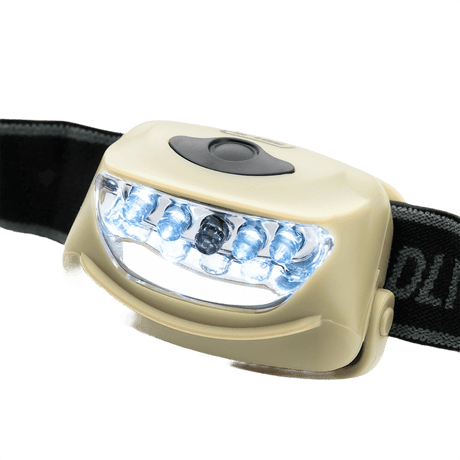 M-Tac Pandelygte 4+1 LED pandelampe med elastisk hovedrem, tre lysfunktioner, 4 hvide og 1 rød LED, op til 18 lumen lysstyrke.