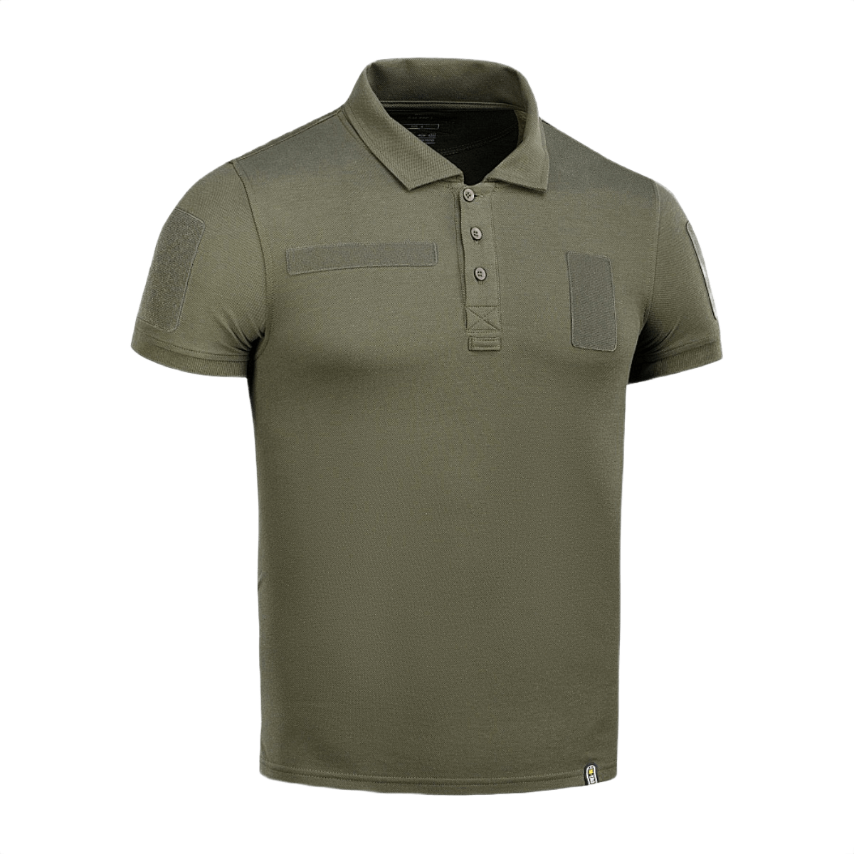 M-Tac Tactical Polo Shirt 65/35 i olivengrøn med velcro-paneler, perfekt til politiets og sikkerhedspersonales uniformer, lavet af 65% bomuld, 35% polyester.