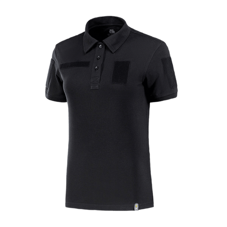 M-Tac Tactical Polo-Shirt 65/35 Lady i sort bomuld-polyester blend med velcro til mærker og ID, designet til komfort og kvindelig pasform.
